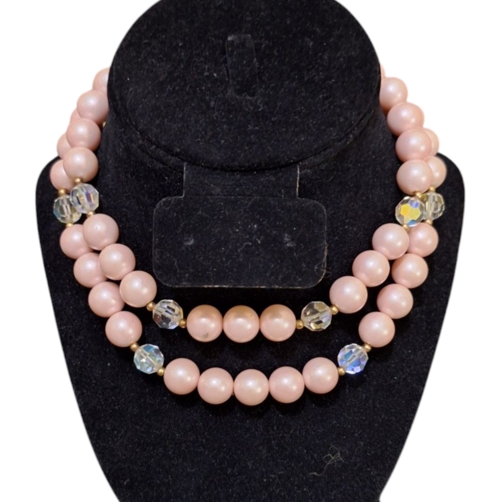 LISNER VINTAGE 2 STRAND BLUSH PINK FAUX PEARL FACETED AB CRYSTAL CHOKER NECKLACE